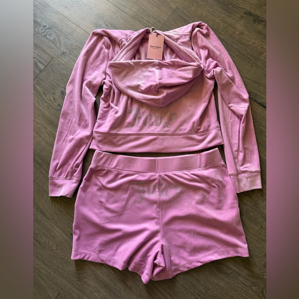 NWT Juicy Couture Big Bling Velour Track hooded Shorts Set Dewberry Pink Size XL